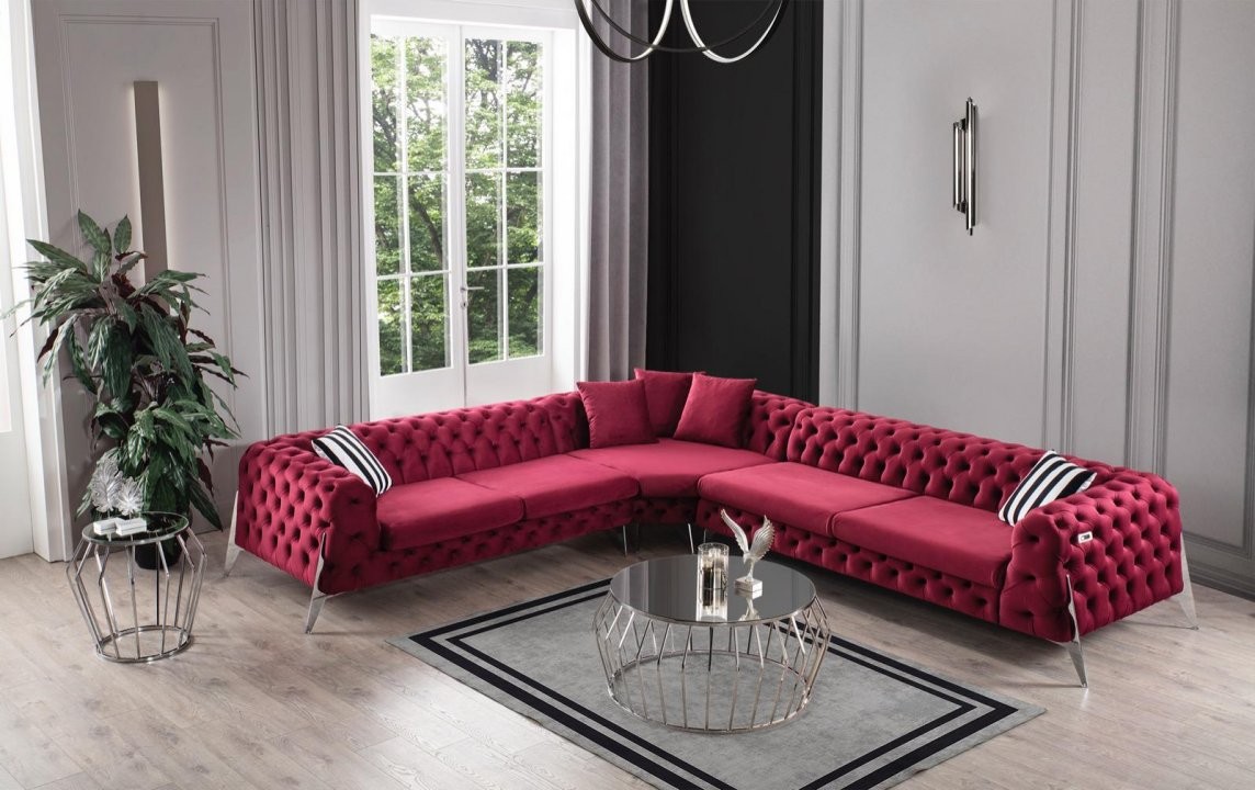 Velvet L-shaped Chesterfield sofa