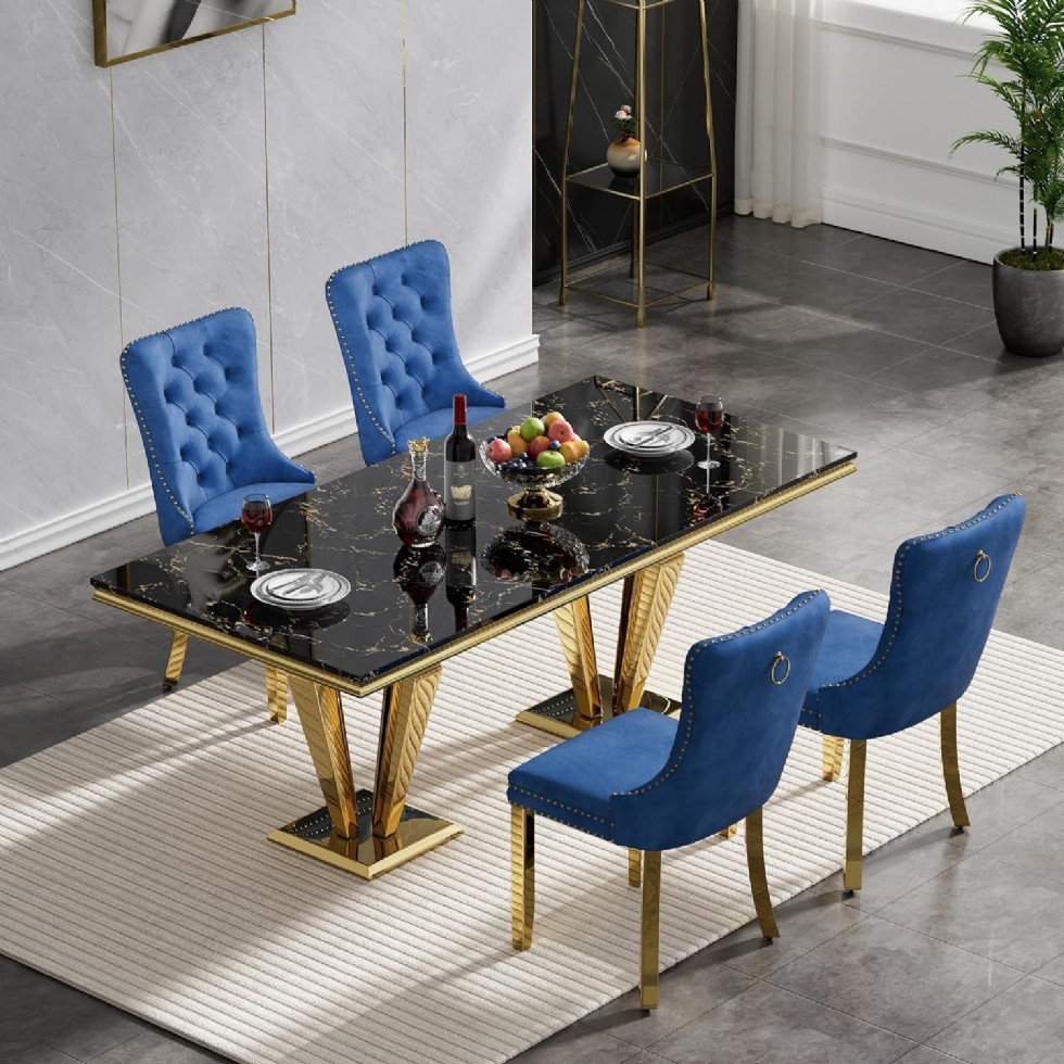 Kodu: 13607 - Black Marble Dining Table For Set For 4 With Gold Stainless Steel Base & Navy Blue Velvet Chairs Set