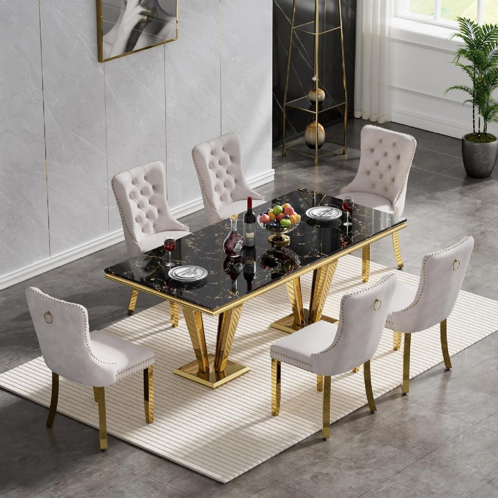 Kodu: 13601 - Black Marble Dining Table For Set For 6 With Gold Stainless Steel Base & Beige Velvet Chairs Set