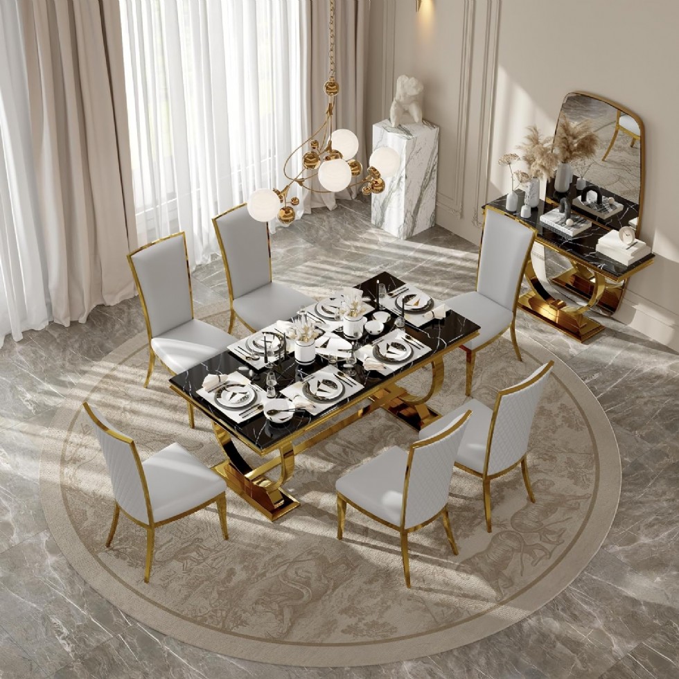 Kodu: 13616 - Dining Table And 6 White Leather Dining Chairs, Luxury Kitchen And Dining Room Set