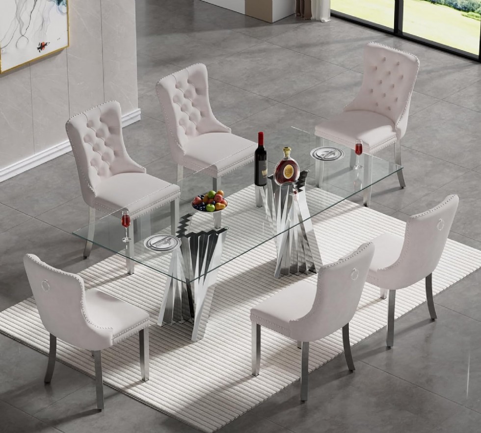 Kodu: 13629 - Glass Dining Table Set For 6 Rectangular Silver Glass Kitchen Table And Chair Set