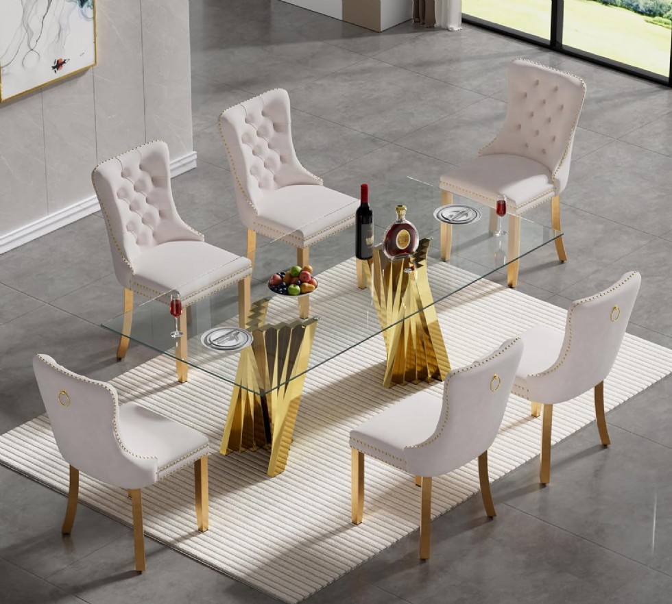 Kodu: 13617 - Glass Dining Table Set With 6 Fabric Dining Chairs,kitchen Table And Chairs Set