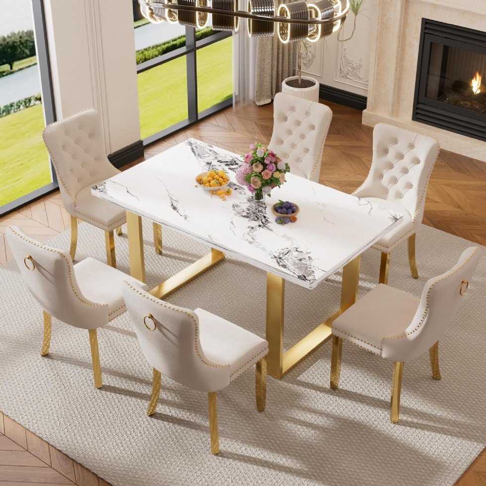 Kodu: 13597 - Gold Luxury Dining Table Set For 6, 63'' Modern Minimalist Large Rectangle Dinner Set