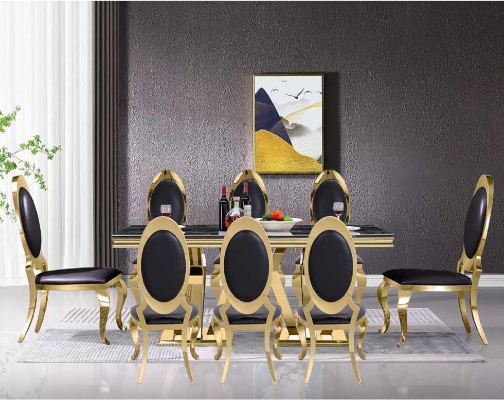 Kodu: 13620 - Luxurious Black And Gold Dining Table Set For 8, Stainless Steel Dining Room Table Set With 8 Gold Chairs