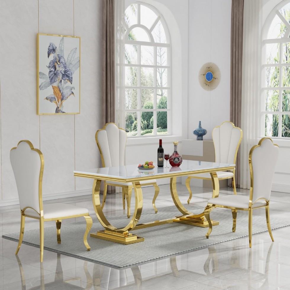 Kodu: 13602 - Luxurious Kitchen Dining Table With Chair Set For 4 W/gold Stainless Steel Pedestal And 4 Leather Dining Chairs