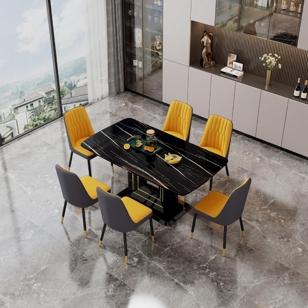 Kodu: 13624 - Luxury Black Marble Dining Table Set 7-piece Kitchen Table And Chairs