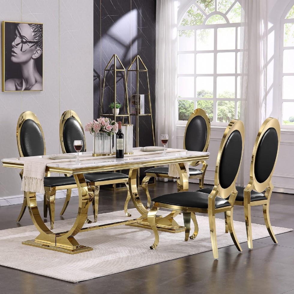 Kodu: 13599 - Luxury Dining Room Table Set, Kitchen And Dining Room Set With 6 Black Leather Dining Chairs, White And Gold Dining Table