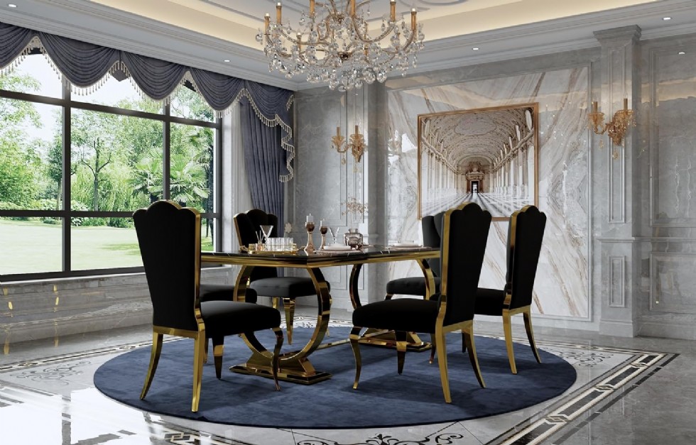 Kodu: 13605 - Luxury Dining Set With Gold Metal Circle Base Dining Table And Black Velvet Upholstered Dining Chairs