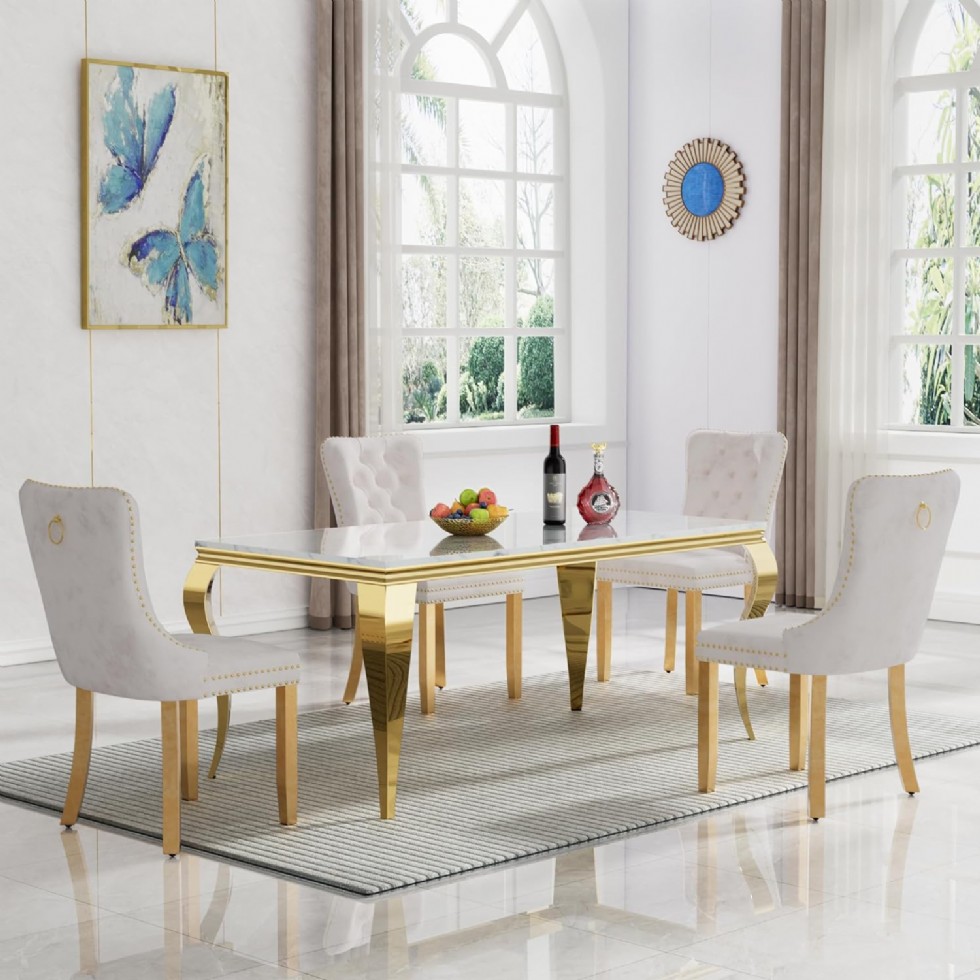 Kodu: 13598 - Luxury Dining Table Set For 4, 5 Piece White Faux Marble Kitchen Table And Chairs