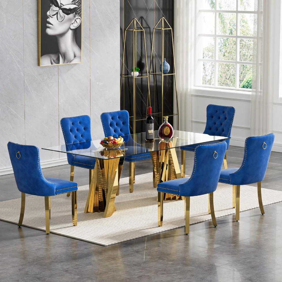 Kodu: 13611 - Luxury Glass Dining Table Set For 6, 7 Piece Modern Dining Table With 6 Blue Tufted Chairs