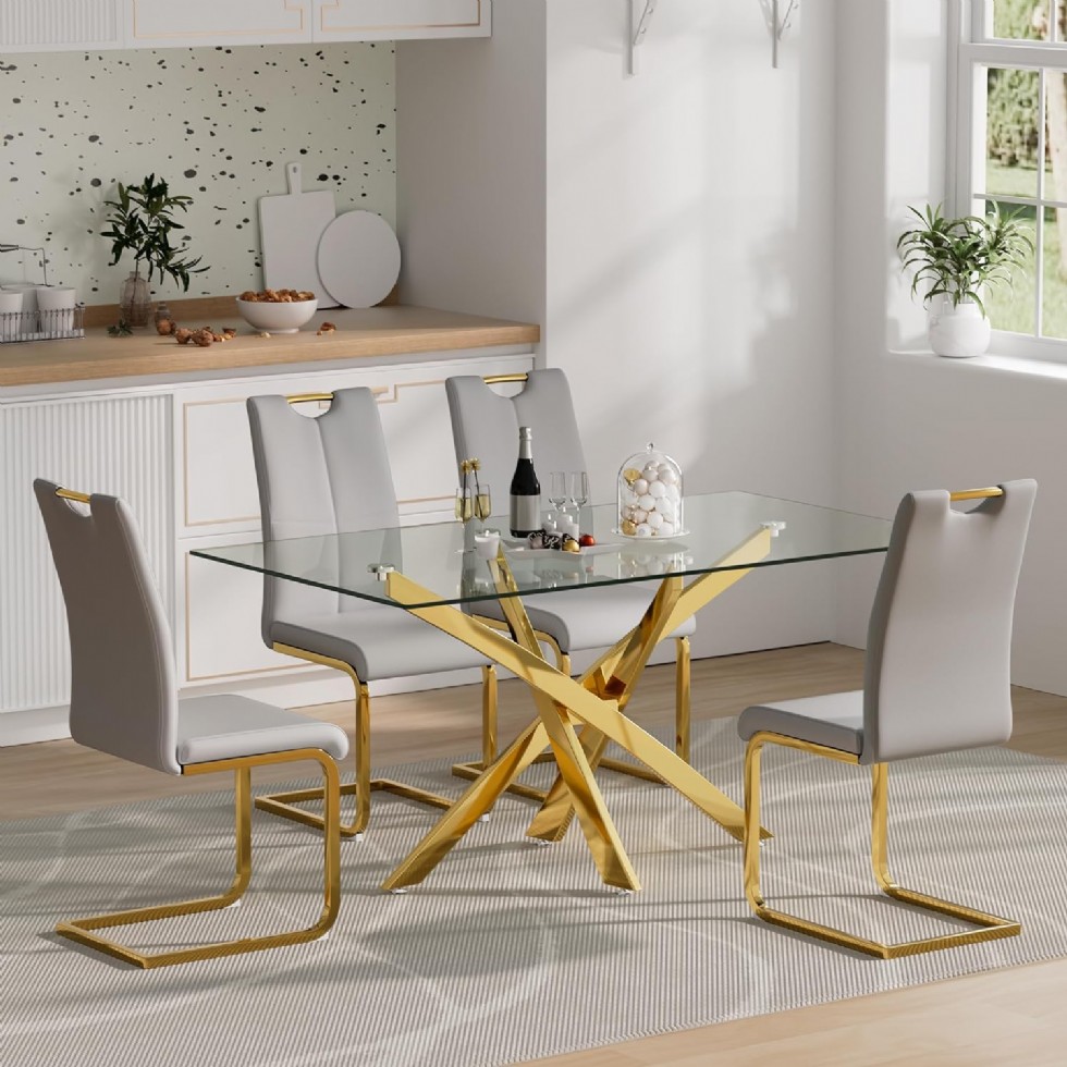 Kodu: 13609 - Luxury Gold Glass Dining Table Set For 4, Modern Kitchen Table With 4 Grey Leather Dining Chairs