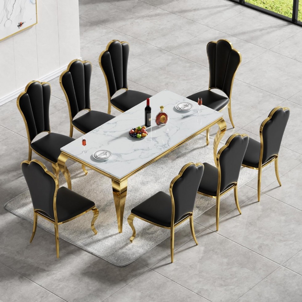 Kodu: 13622 - Marble Top Dining Table Set With 8 Black Floral Dining Chairs Mid-century Dinette Set