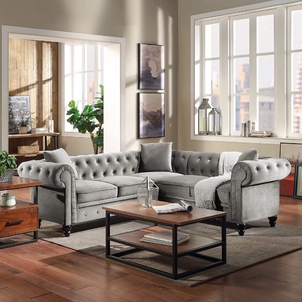 Kodu: 13682 - Minimalist Gray Velvet L-shaped Chesterfield Sofa