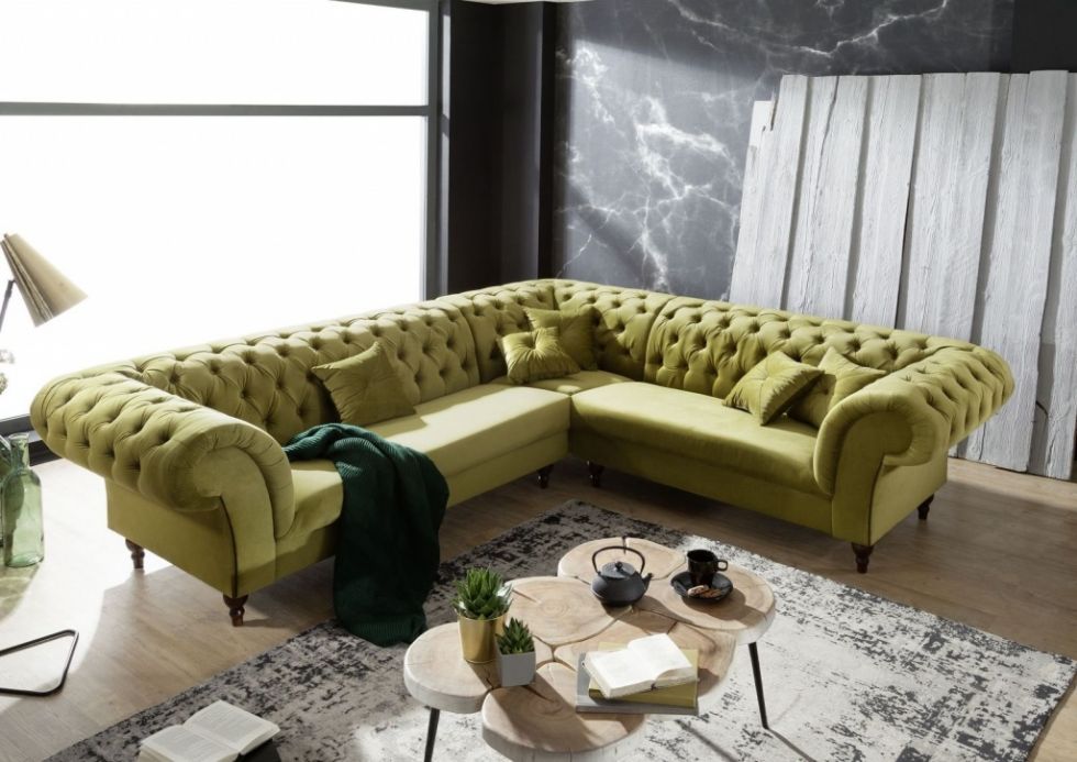 Kodu: 13679 - Olive Yellow Velvet Elegant L-shaped Chesterfield Sofas