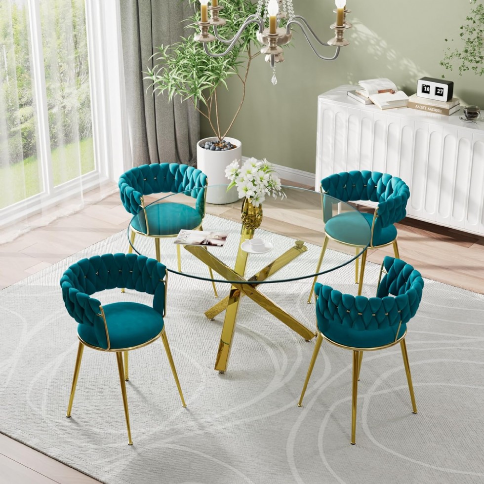 Kodu: 13627 - Round Dining Room Set,kitchen Table Set With 4 Teal Velvet Upholstered Chairs