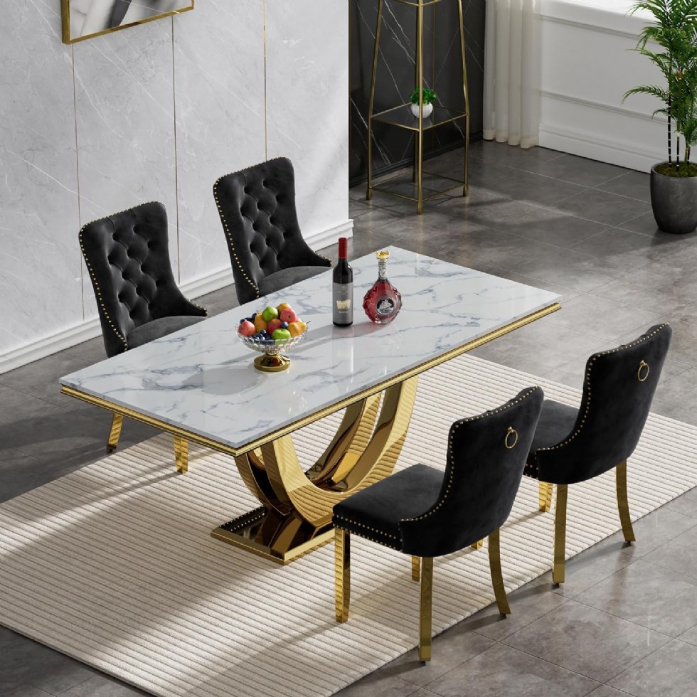 Kodu: 13604 - Tufted Dining Chair, Gold U-base Heavy Luxury Dining Room Table And Chairs Set