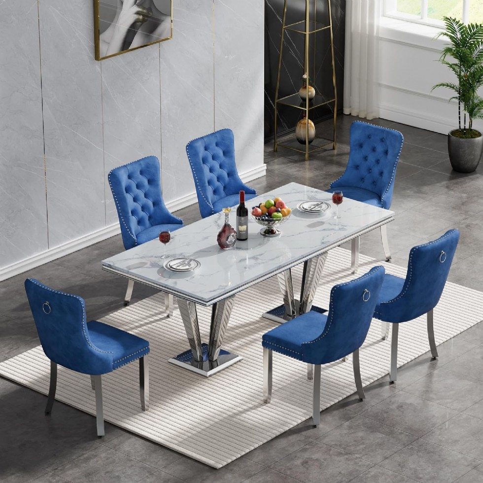 Kodu: 13600 - White Marble Dining Table For Set For 6 With Silver Stainless Steel Legs & Navy Blue Velvet Chairs Set