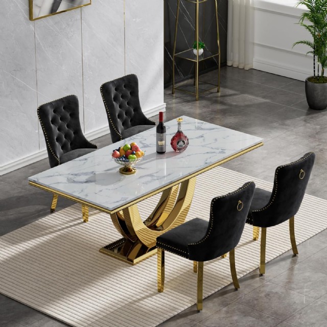 Tufted Dining Chair, Gold U-base Heavy Luxury Dining Room Table And Chairs Set