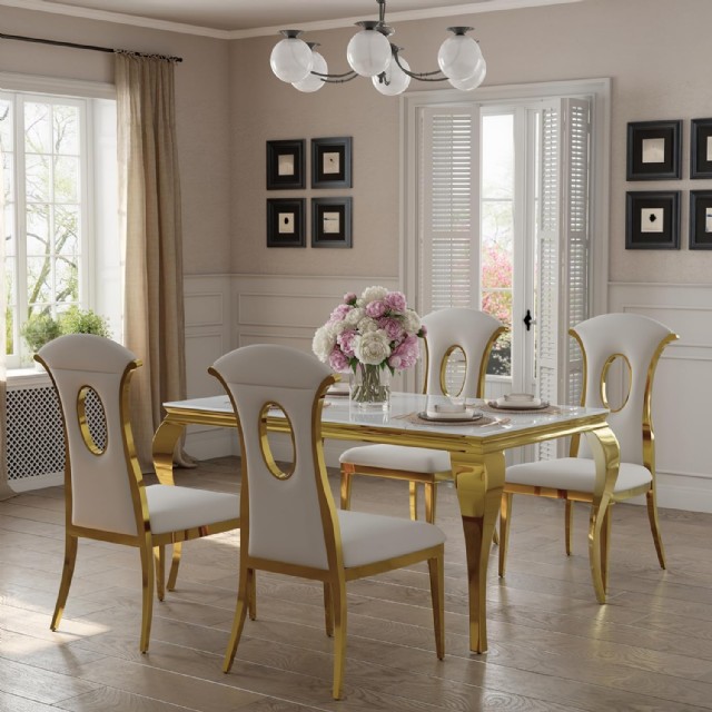 White Gold Dining Table With Polished Stainless Steel Legs And White Dining Room Chairs